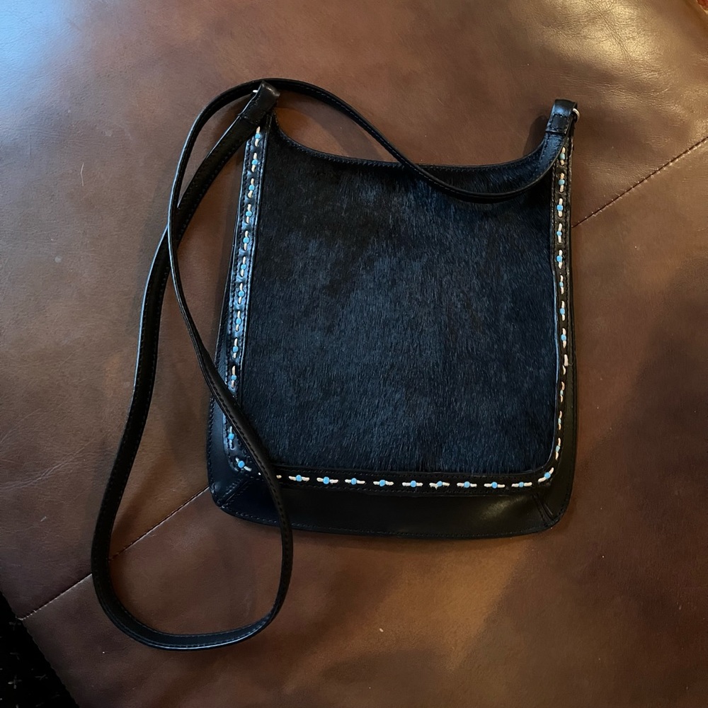 Fossil black leather & black animal fur crossbody flap bag. Turquoise design.
